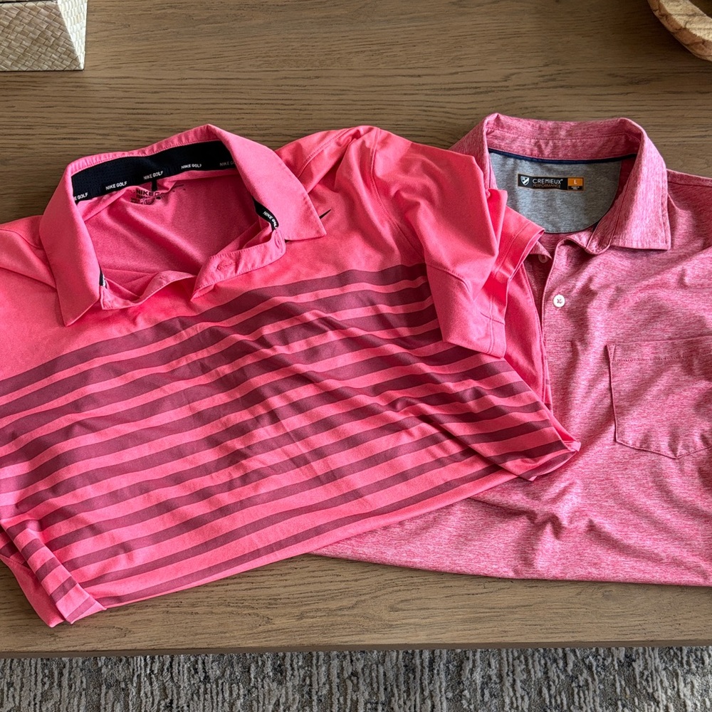 Nike Men's Pink and Red Striped Polo Shirt